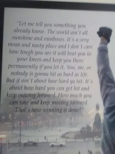 motivational quote from the movie Rocky Balboa, featuring Sylvester Stallone’s iconic scene with his fist raised in victory. The quote emphasizes resilience, perseverance, and overcoming life's challenges.